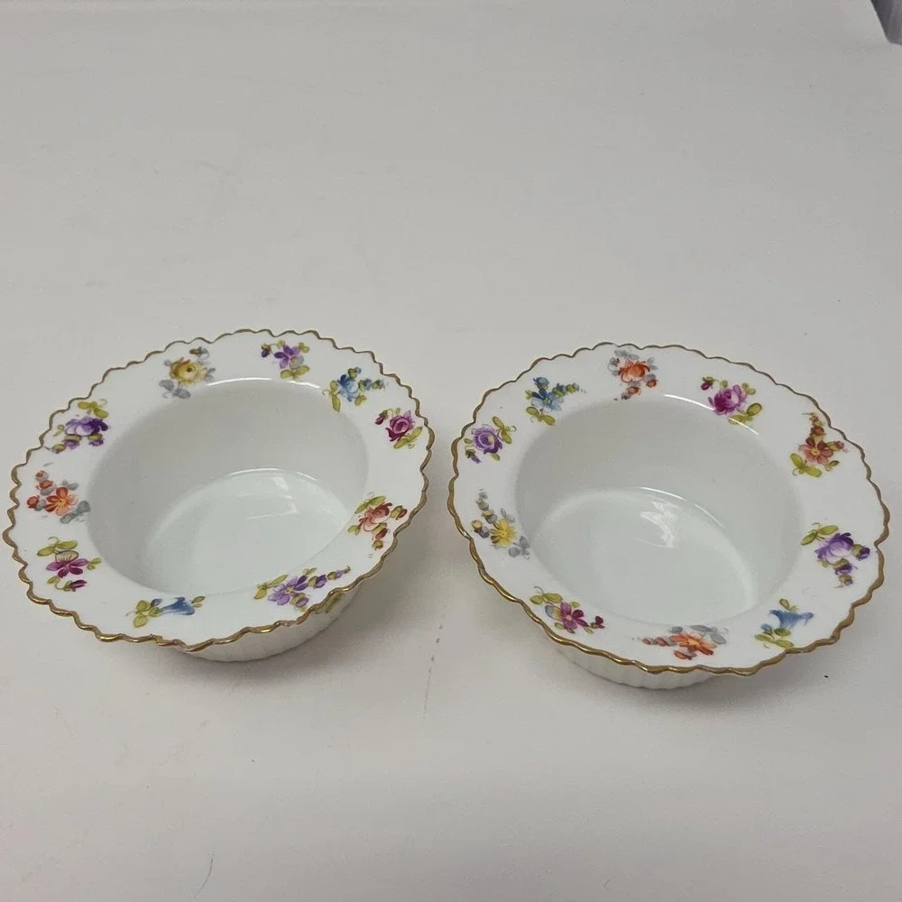 Saxe Germany Porcelain Ramekin Custard Bowls White Floral Gold Rim Lot 2 Vintage